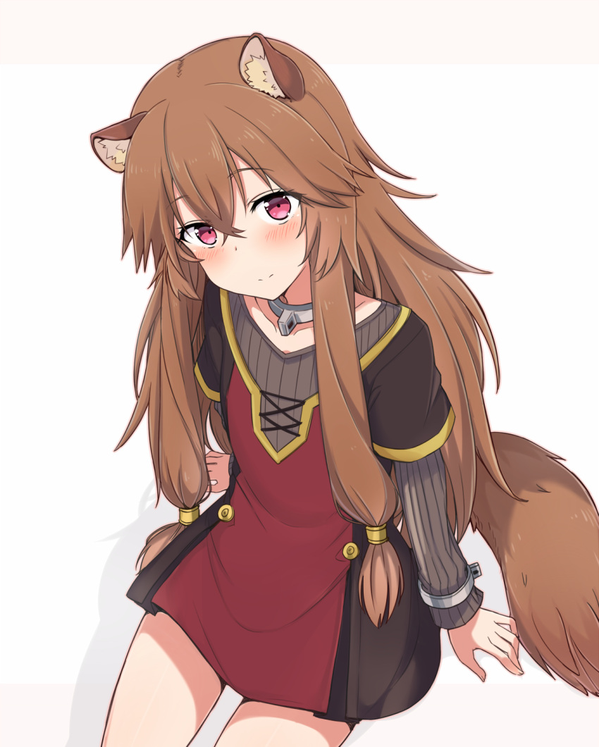 1girl animal_ear_fluff animal_ears blush bracelet breasts brown_hair closed_mouth commentary dress eyebrows_visible_through_hair head_tilt highres jewelry long_hair long_sleeves looking_at_viewer medium_breasts nonono_(mino) raccoon_ears raccoon_girl raccoon_tail raphtalia ribbon sidelocks simple_background sitting smile solo tail tate_no_yuusha_no_nariagari very_long_hair violet_eyes white_background