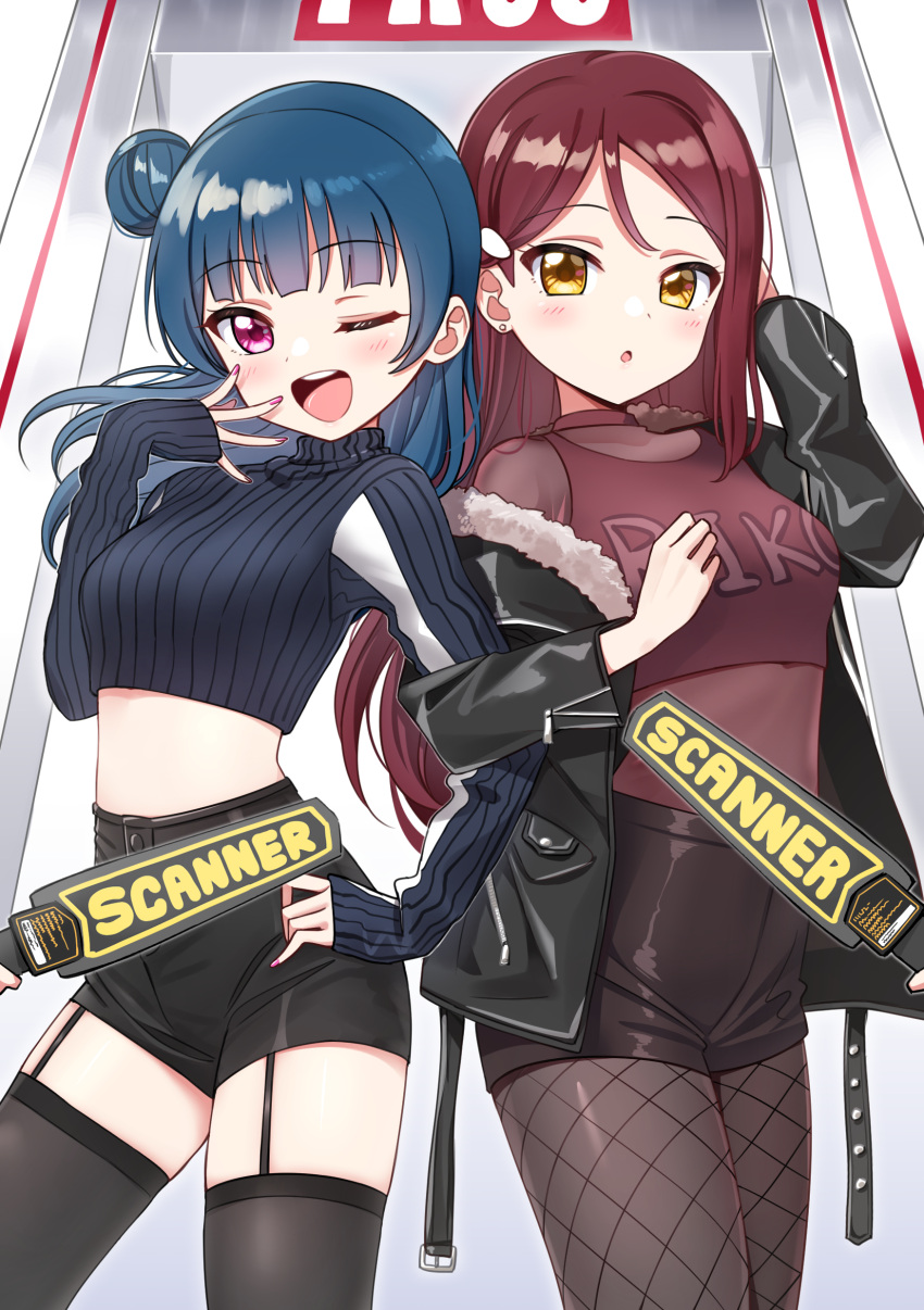2girls :o ;d absurdres arm_up bangs black_jacket black_legwear black_shorts blue_hair blue_sweater blush breasts brown_eyes brown_hair brown_legwear brown_shirt brown_shorts character_name crop_top deadnooodles earrings eyebrows_visible_through_hair fingernails fishnet_pantyhose fishnets garter_straps hair_bun hand_on_hip hand_to_own_mouth hand_up highres jacket jewelry long_hair long_sleeves looking_at_viewer love_live! love_live!_sunshine!! medium_breasts multiple_girls nail_polish one_eye_closed open_clothes open_jacket open_mouth pantyhose parted_lips pink_nails ribbed_sweater round_teeth sakurauchi_riko shirt short_shorts shorts side_bun sleeves_past_wrists smile stud_earrings sweater teeth thigh-highs tsushima_yoshiko upper_teeth very_long_hair