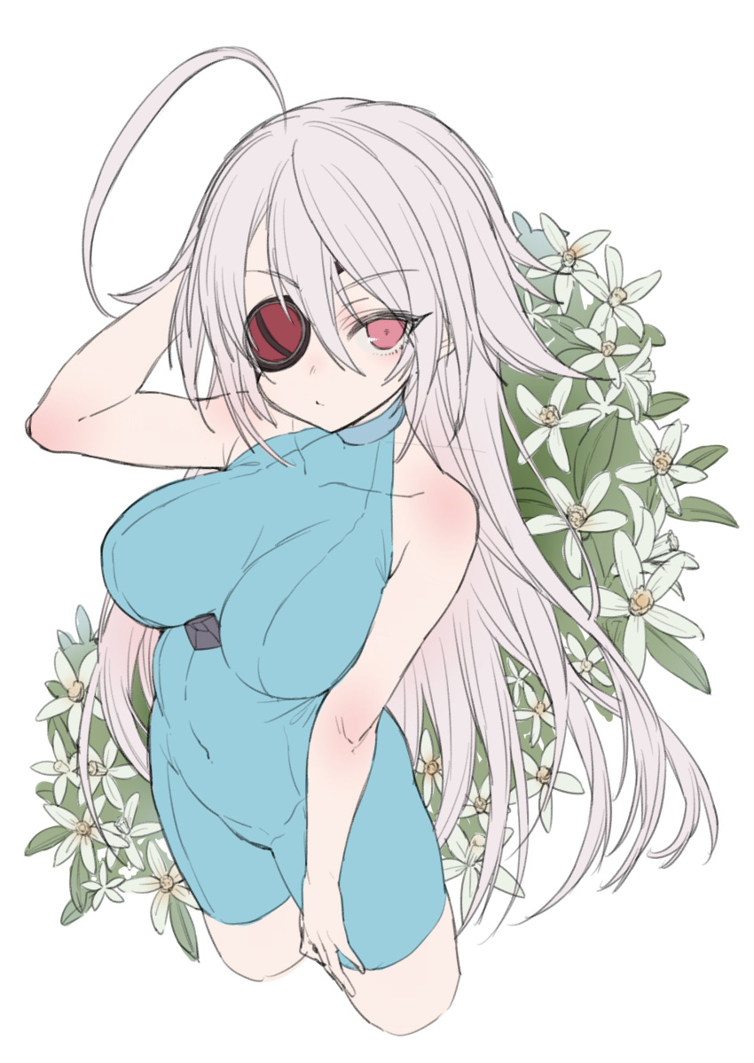 1girl absurdres ahoge blazblue blush body_blush bodysuit braid breasts covered_navel eyepatch highres himegi_you large_breasts long_hair looking_at_viewer nu-13 red_eyes silver_hair sketch solo