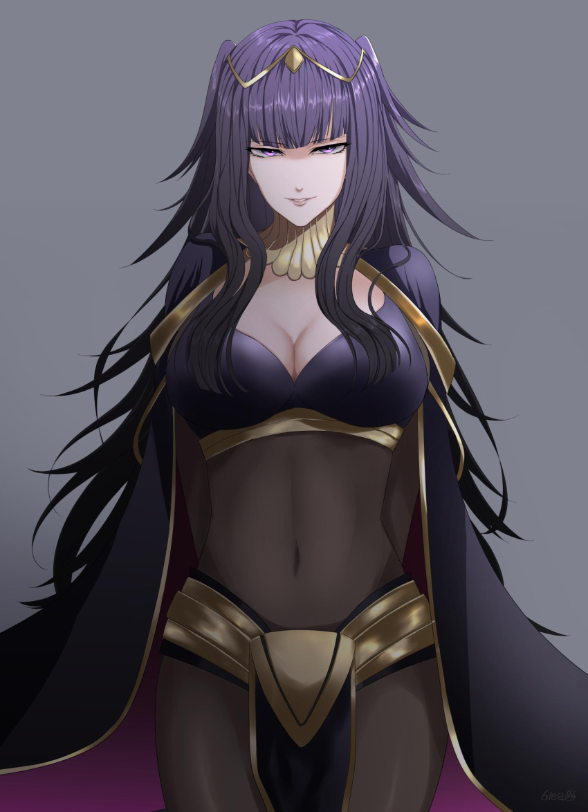 1girl absurdres arms_behind_back artist_request bangs black_hair bodystocking breasts cape cleavage commentary_request covered_navel eyebrows_visible_through_hair fire_emblem fire_emblem:_kakusei grey_background highres jewelry large_breasts lips long_hair looking_at_viewer nintendo parted_lips pelvic_curtain shiny shiny_hair signature simple_background skin_tight smile solo tharja tiara turtleneck violet_eyes