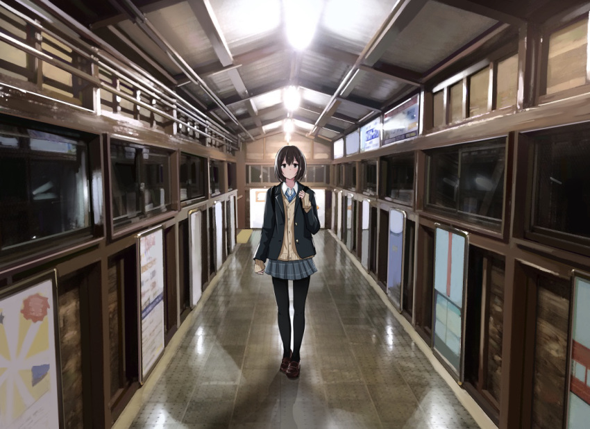 1girl black_hair black_legwear blazer bob_cut cardigan jacket loafers original pantyhose pleated_skirt sakeharasu scenery school_uniform shoes short_hair skirt sleeves_past_wrists solo standing