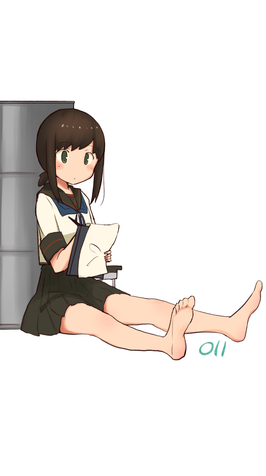 1girl absurdres bare_legs barefoot black_hair clipboard commentary_request drum_(container) fubuki_(kantai_collection) green_eyes highres kantai_collection ma_rukan pleated_skirt ponytail remodel_(kantai_collection) sailor_collar school_uniform serafuku short_ponytail short_sleeves sidelocks sitting skirt solo white_background