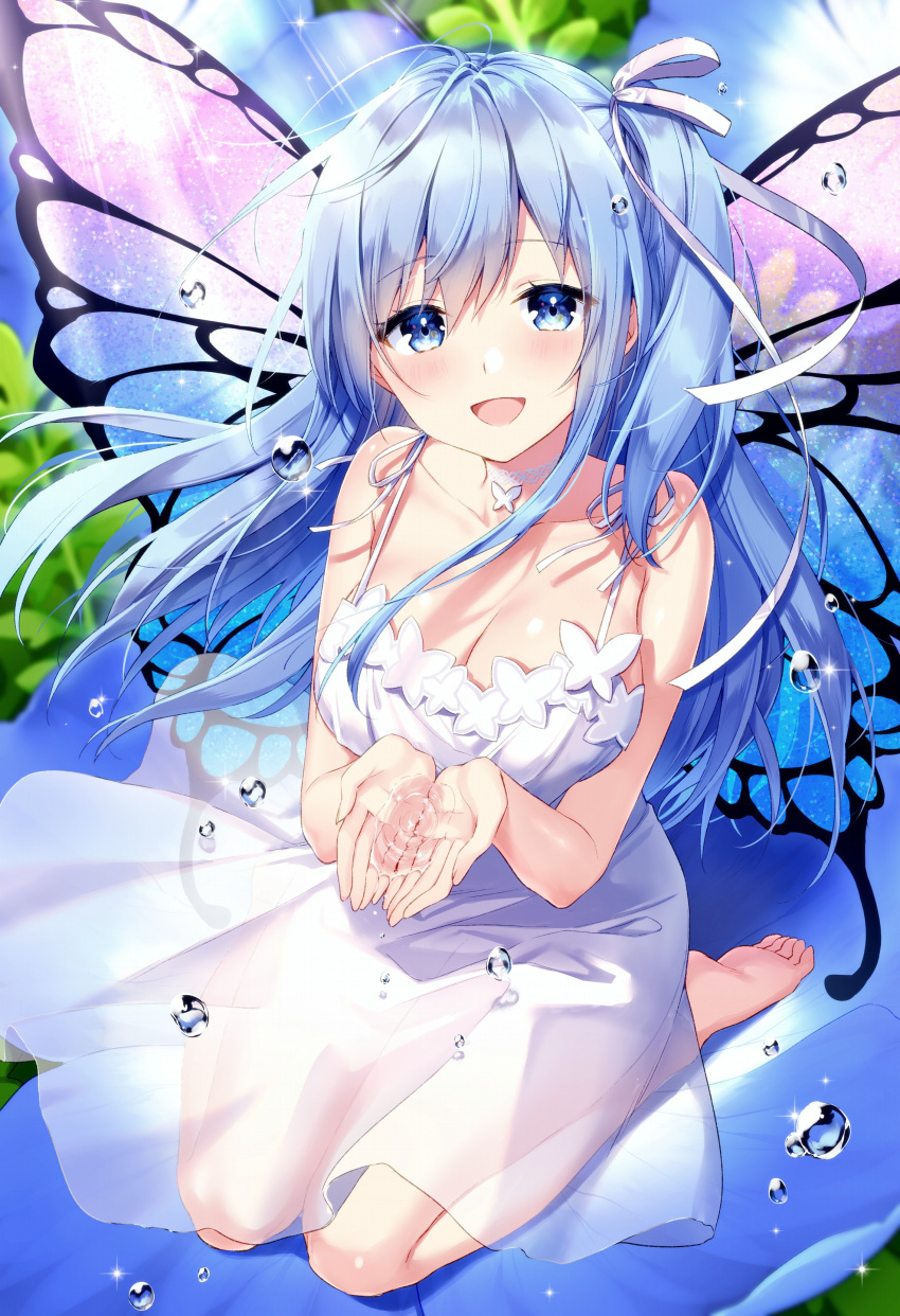 1girl :d absurdres bare_arms barefoot blue_eyes blue_flower blue_hair blush breasts butterfly_choker butterfly_wings choker cupping_hands day dress emori_miku emori_miku_project flower from_above full_body hair_ribbon highres lace lace_choker large_breasts light_rays long_hair looking_at_viewer masuishi_kinoto on_flower one_side_up open_mouth outdoors ribbon see-through seiza sitting smile solo spaghetti_strap sparkle sundress water water_drop water_in_hands white_dress white_ribbon wings