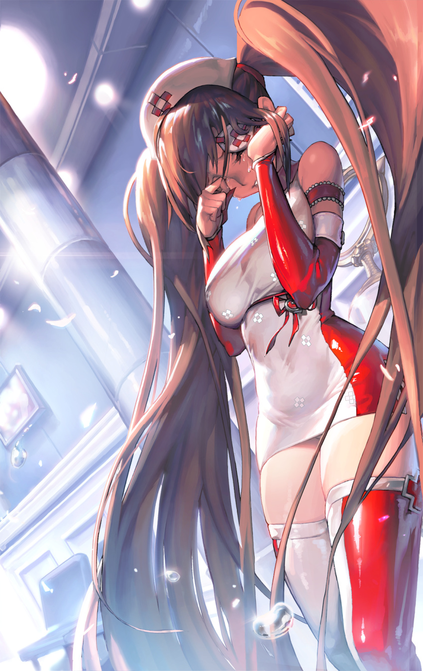 1girl bare_shoulders boots breasts brown_hair closed_eyes covered_navel crying demeter_(destiny_child) destiny_child dress elbow_gloves eyepatch gloves hands_up hat highres kim_hyung_tae large_breasts large_syringe long_hair nurse nurse_cap official_art oversized_object red_gloves side_slit sleeveless sleeveless_dress solo syringe teardrop tears thigh-highs thigh_boots tight tight_dress twintails very_long_hair wiping_tears