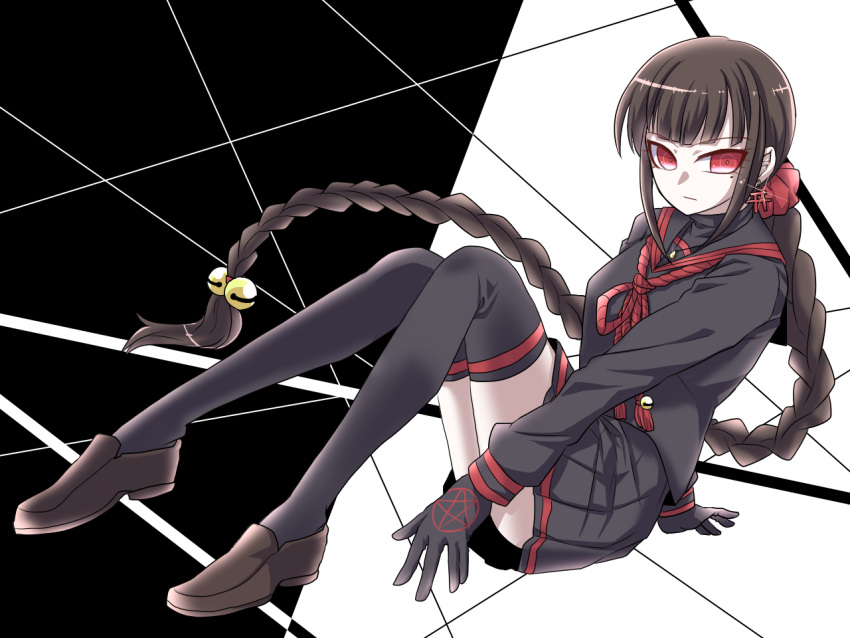 1girl bell black_background black_gloves black_hair black_legwear black_sailor_collar black_serafuku black_shirt black_skirt braid braided_ponytail brown_footwear chikujouin_magane chikujouin_magane_(cosplay) cosplay dangan_ronpa eyebrows_visible_through_hair floating_hair full_body gloves hair_bell hair_ornament hair_scrunchie harukawa_maki loafers long_hair long_sleeves looking_at_viewer miniskirt mole mole_under_eye new_dangan_ronpa_v3 pleated_skirt re:creators red_eyes red_scrunchie sailor_collar school_uniform scrunchie serafuku shiny shiny_hair shirt shoes single_braid skirt solo thigh-highs torii_earrings two-tone_background very_long_hair white_background zettai_ryouiki zi_huahuo