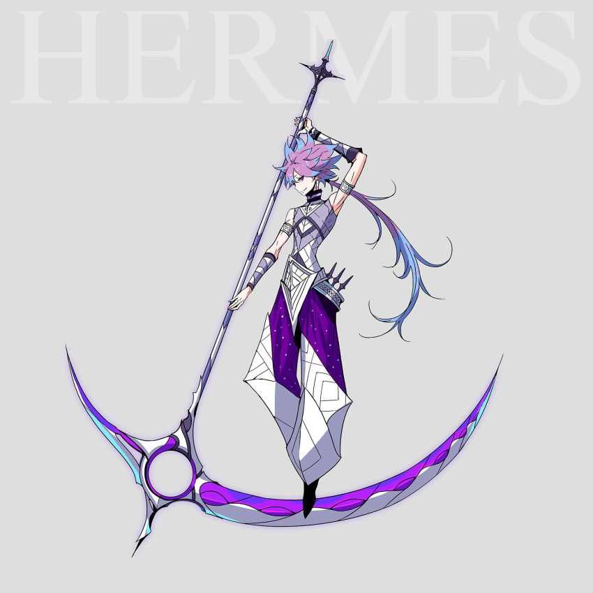 1boy armlet bare_shoulders blue_hair character_name earrings full_body greek_mythology grey_background hermes_(mythology) highres holding holding_weapon jewelry looking_at_viewer multicolored_hair original palow pants pink_eyes ponytail purple_hair scythe smile solo weapon