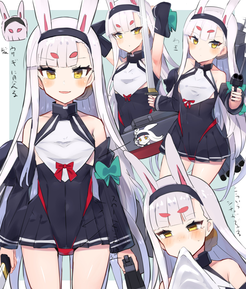 1girl absurdres animal_ears arm_ribbon arms_up azur_lane bangs bare_shoulders blush dress hairband halterneck highleg highleg_panties highres long_hair long_sleeves mouth_hold multiple_views panties parted_lips rabbit_ears red_panties ribbon shimakaze_(azur_lane) thick_eyebrows underwear very_long_hair white_hair xenonstriker yellow_eyes