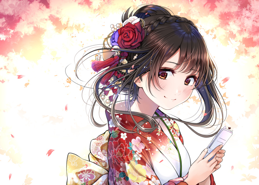 1girl bangs blush brown_eyes brown_hair cellphone closed_mouth commentary_request eyebrows_visible_through_hair floral_print flower hair_flower hair_ornament highres holding holding_cellphone holding_phone japanese_clothes kentaurosu kimono long_hair long_sleeves looking_at_viewer looking_to_the_side matsuno_chiya original petals phone print_kimono purple_flower purple_rose red_flower red_kimono red_rose rose smile solo upper_body