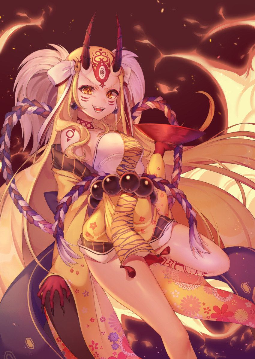 1girl blonde_hair facial_mark fangs fate/grand_order fate_(series) grin highres ibaraki_douji_(fate/grand_order) long_hair looking_at_viewer oni open_mouth reel37891 slit_pupils smile solo tattoo yellow_eyes