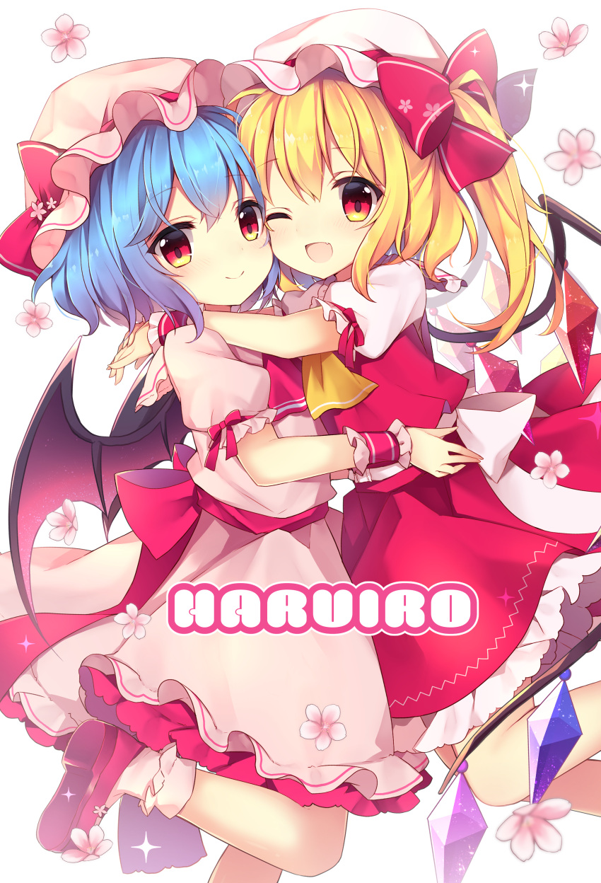 2girls ;d absurdres arm_ribbon ascot bangs bat_wings blonde_hair blue_hair blush bobby_socks bow commentary_request crystal dress eyebrows_visible_through_hair fang feet_out_of_frame flandre_scarlet flower hair_between_eyes hat hat_bow hat_ribbon highres hug leg_up long_hair looking_at_viewer mob_cap multiple_girls one_eye_closed one_side_up open_mouth petticoat pink_dress pink_flower pink_headwear pink_legwear puffy_short_sleeves puffy_sleeves red_bow red_eyes red_footwear red_neckwear red_ribbon red_skirt red_vest remilia_scarlet ribbon ruhika shirt shoes short_hair short_sleeves siblings simple_background sisters skirt smile socks touhou vest white_background white_headwear white_shirt wings wrist_cuffs yellow_neckwear