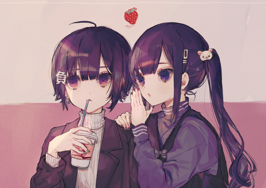 2girls bangs black_hair cup drinking_straw food fruit grey_nails hair_ornament highres holding holding_cup long_hair long_sleeves multiple_girls nail_polish original piru_(exp_66) purple_nails short_hair strawberry twintails upper_body violet_eyes