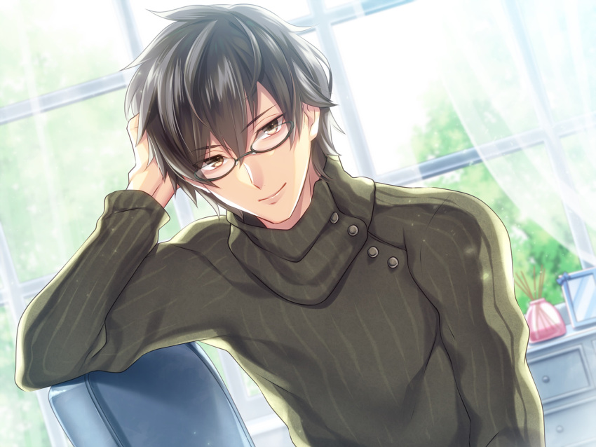 1boy arm_at_side black-framed_eyewear black_hair black_shirt brown_eyes chair curtains day drawer dutch_angle glasses hair_between_eyes hand_on_own_head highres indoors long_sleeves looking_at_viewer male_focus official_art picture_frame sanom shirt sitting smile solo upper_body window yasashii_glasses