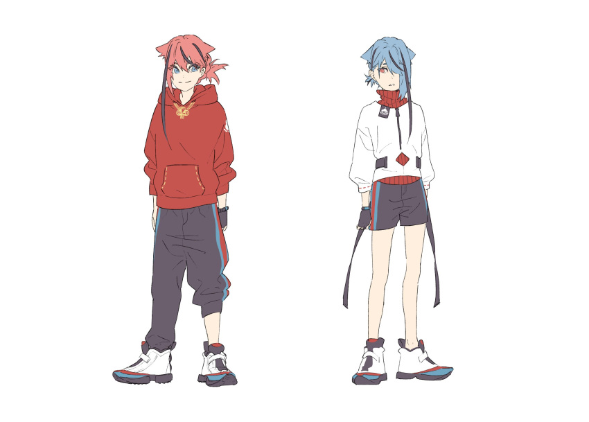 2others androgynous asymmetrical_hair closed_mouth fingerless_gloves full_body gloves high_tops highres hood hoodie jisai_10 looking_at_viewer meika_hime meika_mikoto multicolored_hair multiple_others pink_hair shoes shorts simple_background smile sneakers standing streaked_hair vocaloid white_background