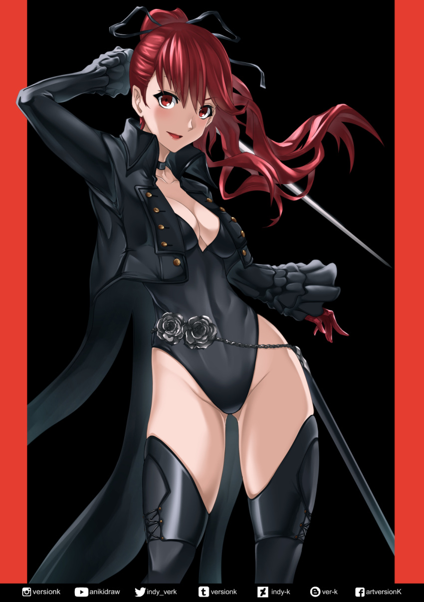 1girl arm_up bangs black_choker black_flower black_jacket black_legwear black_leotard black_rose breasts choker flower gloves gluteal_fold highres indy_k jacket leotard long_hair looking_at_viewer medium_breasts open_mouth persona persona_5 persona_5_the_royal ponytail red_eyes red_gloves redhead rose simple_background solo standing thigh-highs twitter_username yoshizawa_kasumi