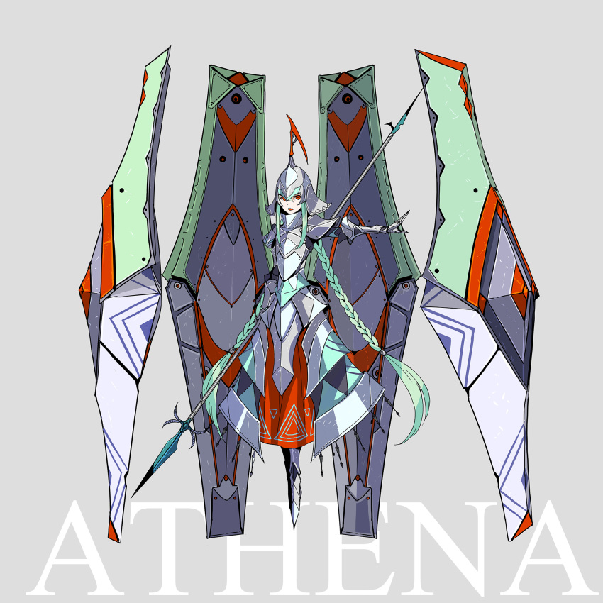 1girl armor armored_boots armored_dress athena_(mythology) boots braid breastplate character_name floating floating_object full_armor full_body gauntlets greek_mythology green_hair grey_background helmet highres long_hair looking_at_viewer mecha_musume open_mouth original palow plate_armor polearm red_eyes shoulder_armor solo spear twin_braids upper_teeth very_long_hair weapon