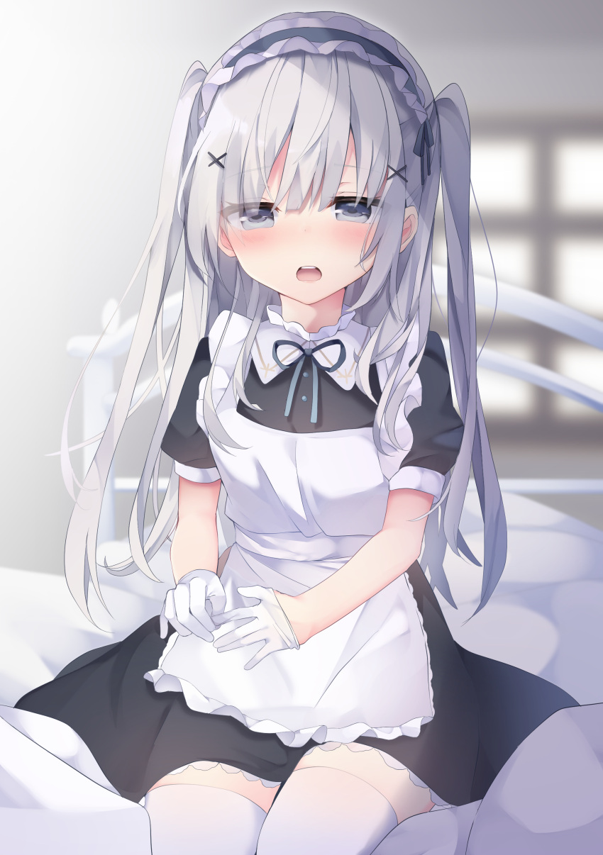 1girl absurdres apron bangs bed black_dress blue_ribbon blurry blurry_background blush collared_dress commentary_request depth_of_field dress eyebrows_visible_through_hair frilled_apron frills glove_pull gloves grey_eyes hair_between_eyes hair_ornament highres long_hair looking_at_viewer maid neck_ribbon on_bed open_mouth original puffy_short_sleeves puffy_sleeves ribbon round_teeth short_sleeves silver_hair sitting sitting_on_bed solo teeth thigh-highs tsuruse two_side_up upper_body very_long_hair white_apron white_gloves white_legwear window x_hair_ornament