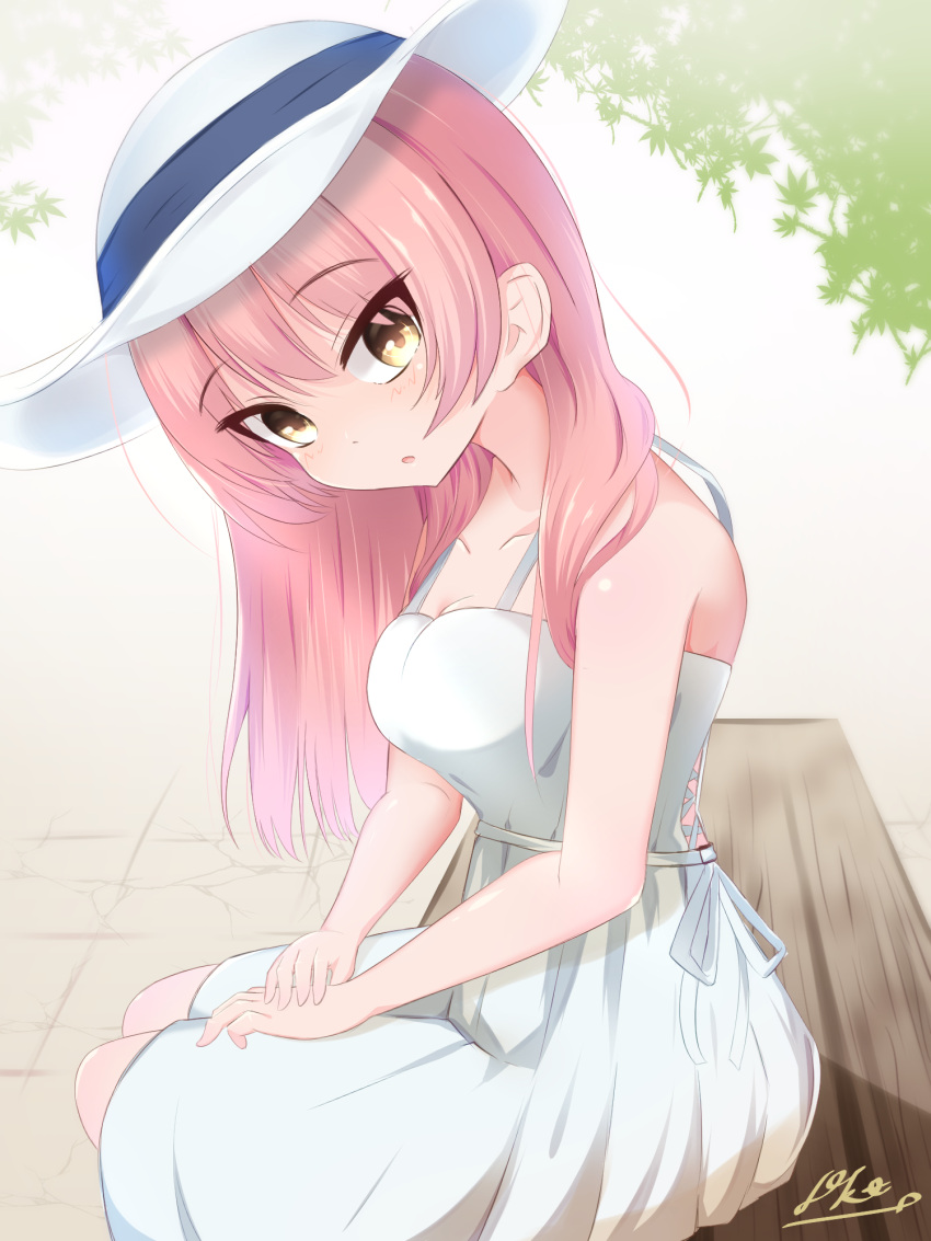 1girl bare_arms blush breasts collarbone day dokatanuki dress hat head_tilt highres idolmaster idolmaster_cinderella_girls jougasaki_mika long_hair looking_at_viewer medium_breasts pink_hair sleeveless sleeveless_dress solo sun_hat sundress white_dress yellow_eyes