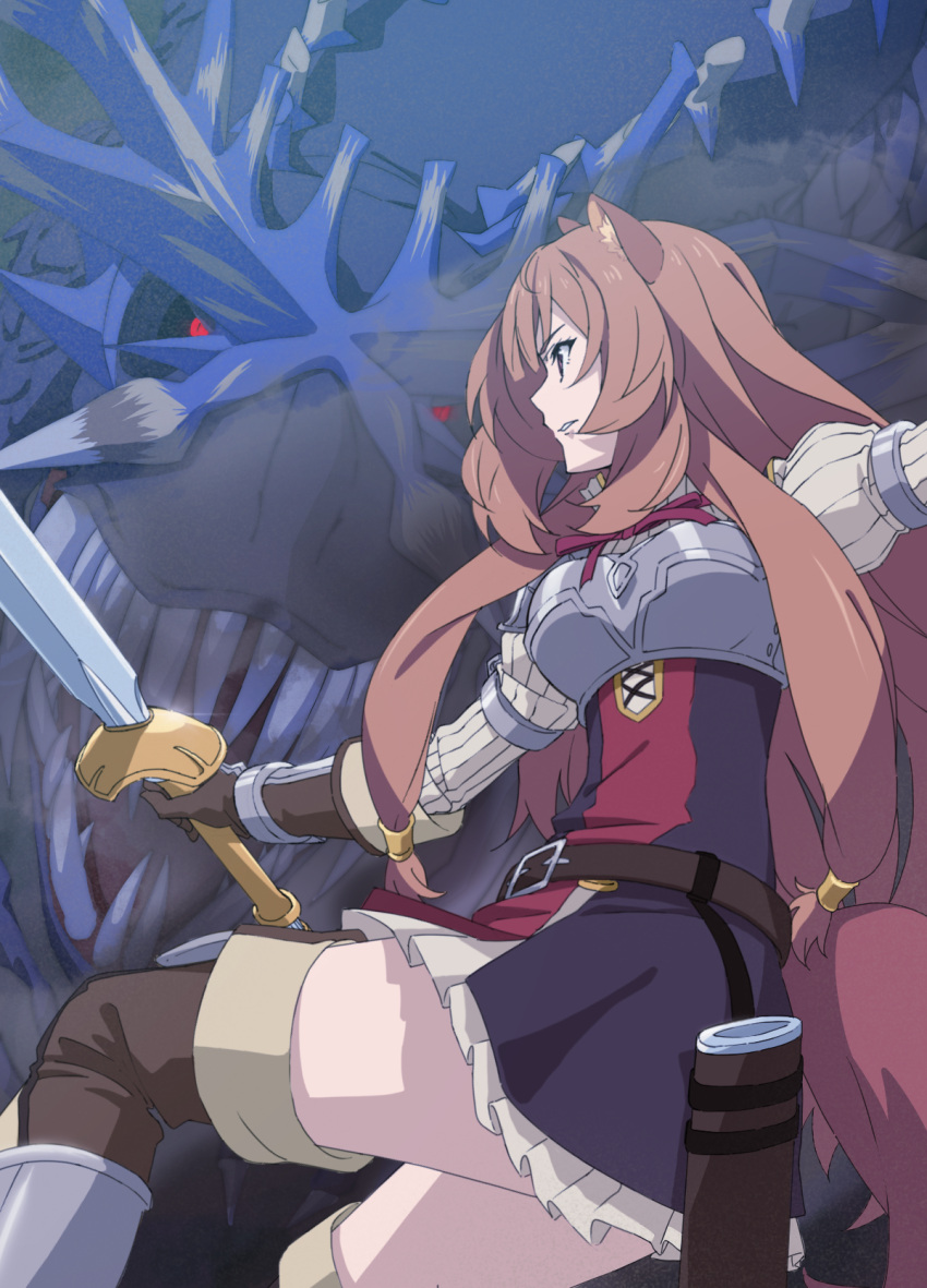 1girl animal_ears battle belt black_sclera boots breastplate breasts brown_eyes brown_hair dragon dress frilled_skirt frills gloves hair_ornament highres holding holding_sword holding_weapon holster leg_up long_hair long_sleeves monster open_mouth parted_lips raccoon_ears raccoon_tail raphtalia red_eyes ribbed_sweater ribbon sharp_teeth shishamo_(masato_k) sidelocks skirt solo_focus sweater sword tail tate_no_yuusha_no_nariagari teeth thigh-highs thigh_boots weapon zettai_ryouiki