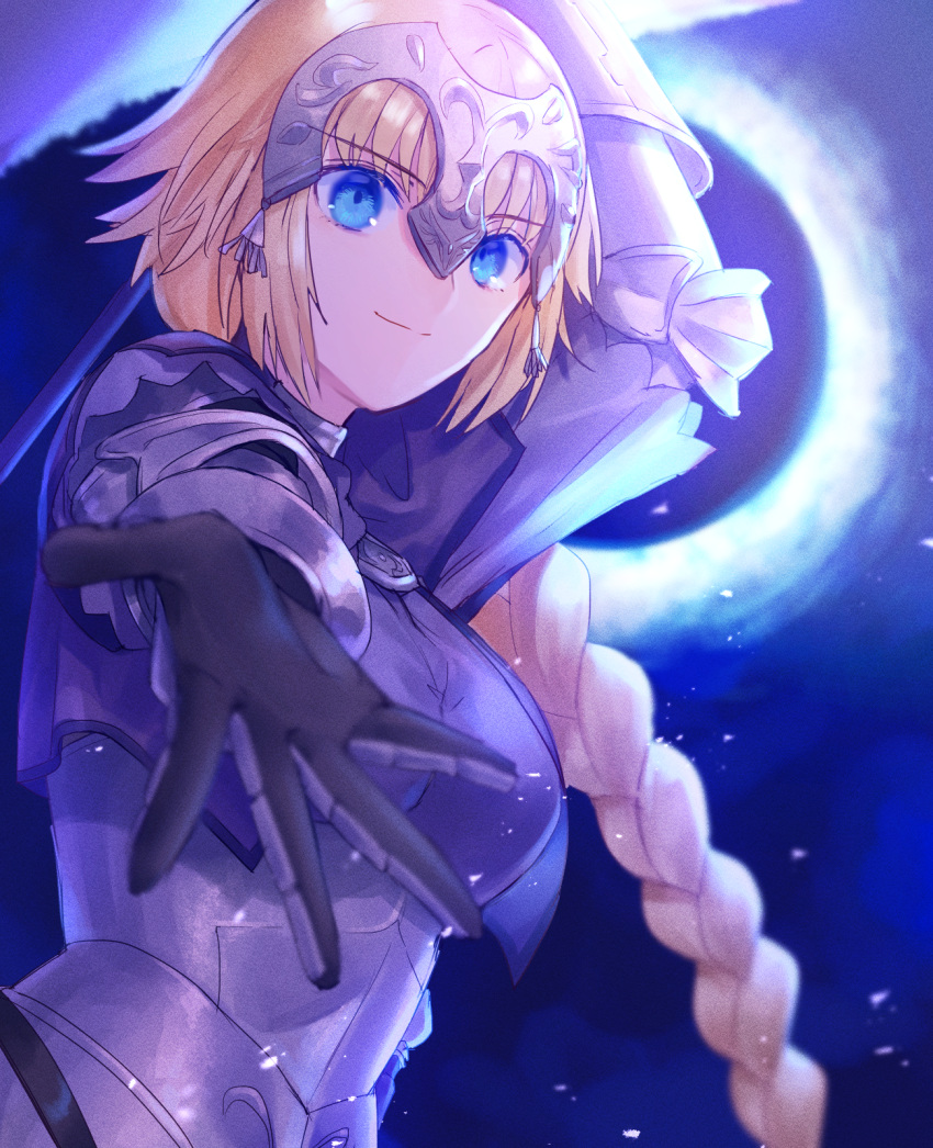 1girl arm_up armor armored_dress black_gloves blonde_hair blue_eyes dress eyebrows_visible_through_hair fate/apocrypha fate_(series) floating_hair gloves grey_dress headpiece highres jeanne_d'arc_(fate) jeanne_d'arc_(fate)_(all) long_hair looking_at_viewer nomuraumu outstretched_arm outstretched_hand reaching_out shiny shiny_hair smile solo upper_body very_long_hair
