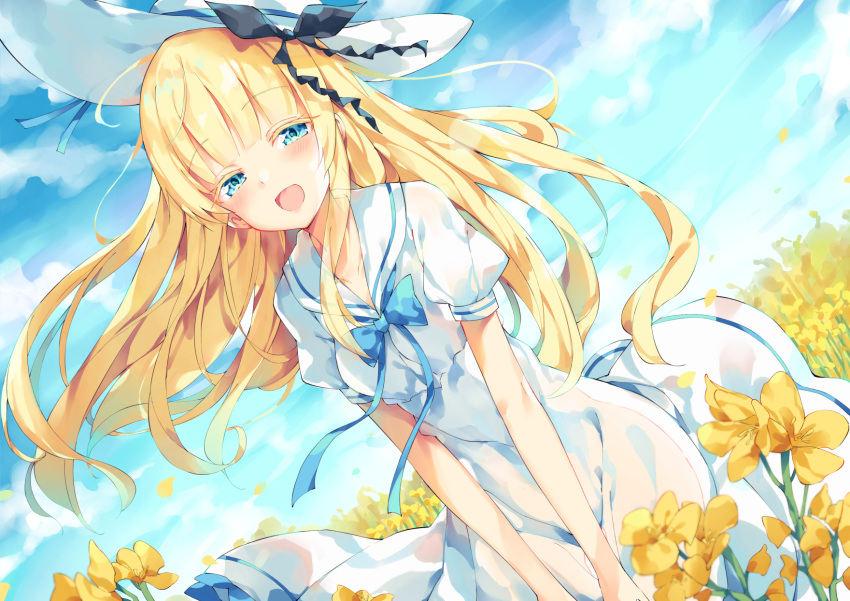 1girl :d bangs black_ribbon blonde_hair blue_bow blue_eyes blue_ribbon blue_sky blush bow clouds cloudy_sky colored_eyelashes commentary_request day dress dutch_angle eyebrows_visible_through_hair field flower flower_field half-closed_eyes hat hat_ribbon highres juliet_persia kishuku_gakkou_no_juliet long_hair looking_at_viewer open_mouth outdoors petals puffy_short_sleeves puffy_sleeves ribbon sailor_collar sailor_dress short_sleeves sky smile solo sun_hat unacchi_(nyusankin) very_long_hair white_dress white_headwear white_sailor_collar yellow_flower