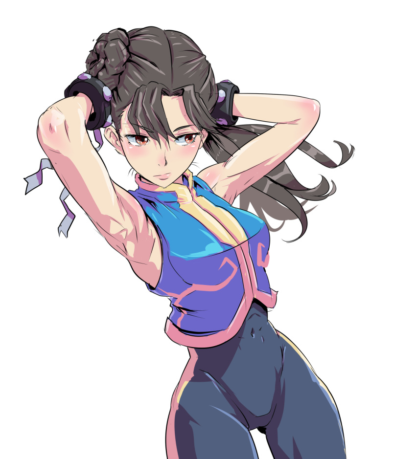 1girl bracelet breasts brown_hair capcom chun-li closed_mouth commentary_request hair_bun highres jewelry long_hair o_sho simple_background solo spiked_bracelet spikes street_fighter street_fighter_zero_(series) white_background yellow_eyes