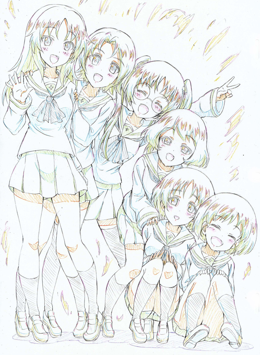 5girls :d absurdres arm_up bangs black_eyes black_hair black_legwear black_neckwear black_ribbon blouse blue_eyes blue_hair brown_eyes brown_footwear brown_hair color_trace colored_pencil_(medium) commentary eyebrows_visible_through_hair freckles girls_und_panzer glasses green_skirt hair_ribbon hands_on_another's_shoulders hands_on_own_knees head_tilt highres kitazinger kneehighs leaning_on_person leaning_to_the_side light_blush loafers long_hair long_sleeves looking_at_viewer maruyama_saki miniskirt multiple_girls neckerchief ooarai_school_uniform oono_aya open_mouth parted_bangs pleated_skirt ribbon round_eyewear sakaguchi_karina sawa_azusa school_uniform serafuku shadow shoes short_hair side-by-side sitting skirt smile socks squatting standing thigh-highs traditional_media twintails utsugi_yuuki v waving white_blouse yamagou_ayumi