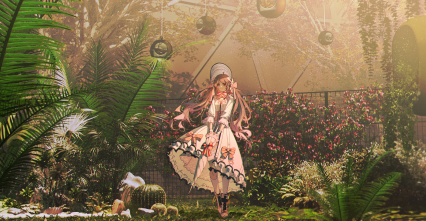 1girl absurdres ahoge ambience_synesthesia ankle_boots arknights bonnet boots bow bowtie brown_eyes brown_footwear brown_hair bush cactus chromatic_aberration commentary dress eyjafjalla_(arknights) fern full_body grass greenhouse haku_(muc12b) highres holding holding_umbrella indoors kneehighs layered_dress lolita_fashion long_hair long_sleeves official_alternate_costume palm_tree plant red_bow red_bowtie smile socks solo striped striped_bow striped_bowtie tree twintails umbrella very_long_hair white_bow white_bowtie white_dress white_headwear white_socks