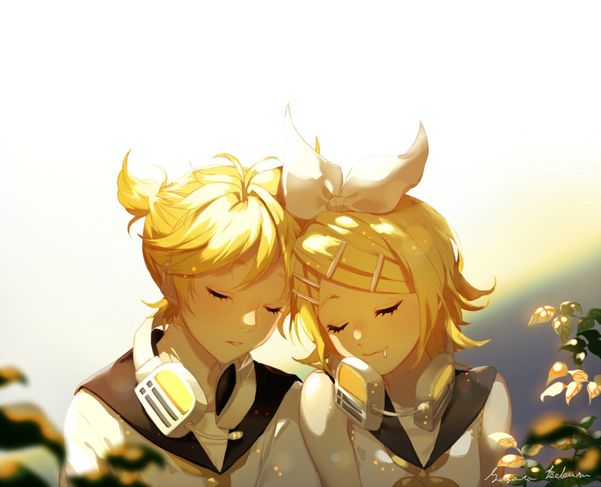 1boy 1girl ascot bare_shoulders blonde_hair bow closed_eyes commentary hair_bow hair_ornament hairclip head_to_head headphones headphones_around_neck headset kagamine_len kagamine_rin leaf microphone necktie ponytail sailor_collar saliva shirt short_hair sleeping sugata_keburu sunlight upper_body vocaloid white_bow white_shirt yellow_neckwear