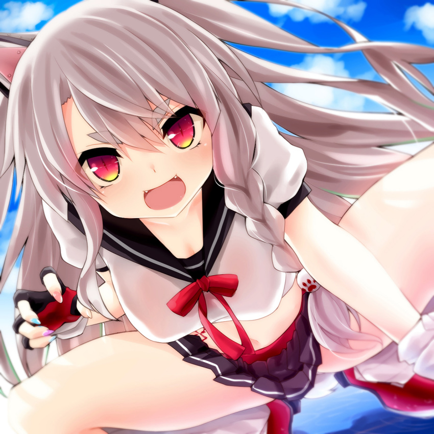 1girl :d animal_ears azur_lane belt black_skirt blush braid breasts claw_pose fangs fingerless_gloves gloves highres long_hair looking_at_viewer medium_breasts multicolored multicolored_nails nail_polish open_mouth pleated_skirt red_belt red_eyes red_gloves school_uniform serafuku side_braid skirt smile solo spread_legs squatting tail thick_eyebrows watarui wolf_ears wolf_girl wolf_tail yuudachi_(azur_lane)