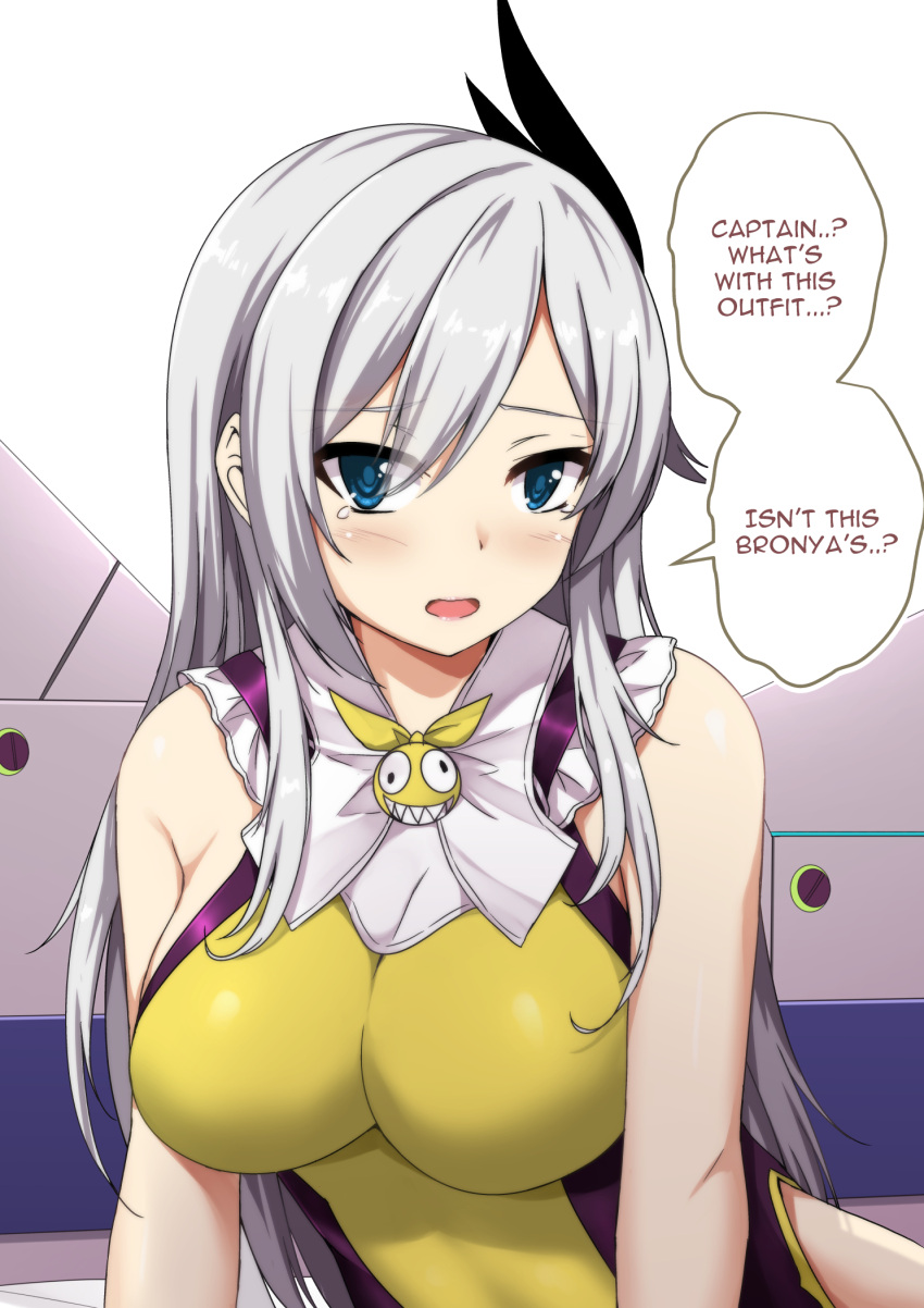 1girl bangs bare_arms bare_shoulders black_ribbon blue_eyes blush breasts bronya_zaychik bronya_zaychik_(cosplay) bronya_zaychik_(yamabuki_armor) bronya_zaychik_(yamabuki_armor)_(cosplay) cecilia_schariac clip_studio_paint cosplay embarrassed english_text eyebrows_visible_through_hair eyes_visible_through_hair grey_hair hair_between_eyes hair_ribbon highres honkai_(series) honkai_impact_3rd impossible_clothes impossible_leotard large_breasts leotard long_hair looking_at_viewer open_mouth ribbon sheita shiny shiny_clothes shiny_hair shiny_skin sidelocks smiley_face solo speech_bubble swept_bangs talking tears tsurime white_background yellow_leotard