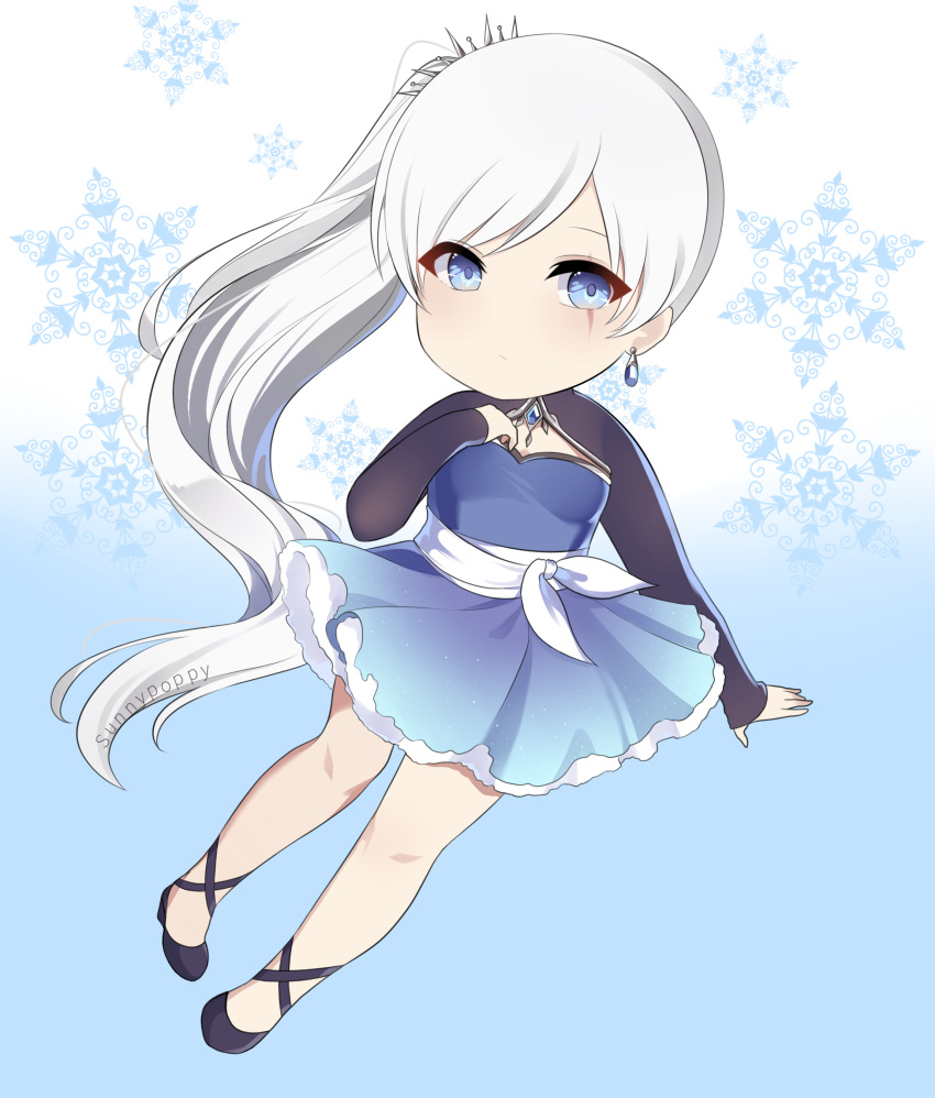 1girl absurdres artist_name bangs bare_legs blue_background blue_dress blue_eyes chibi colored_eyelashes dress earrings eyelashes gradient gradient_background highres jewelry long_hair long_sleeves rwby sash scar scar_across_eye shoes short_dress side_ponytail simple_background snowflakes solo sunnypoppy very_long_hair weiss_schnee white_background white_hair white_sash