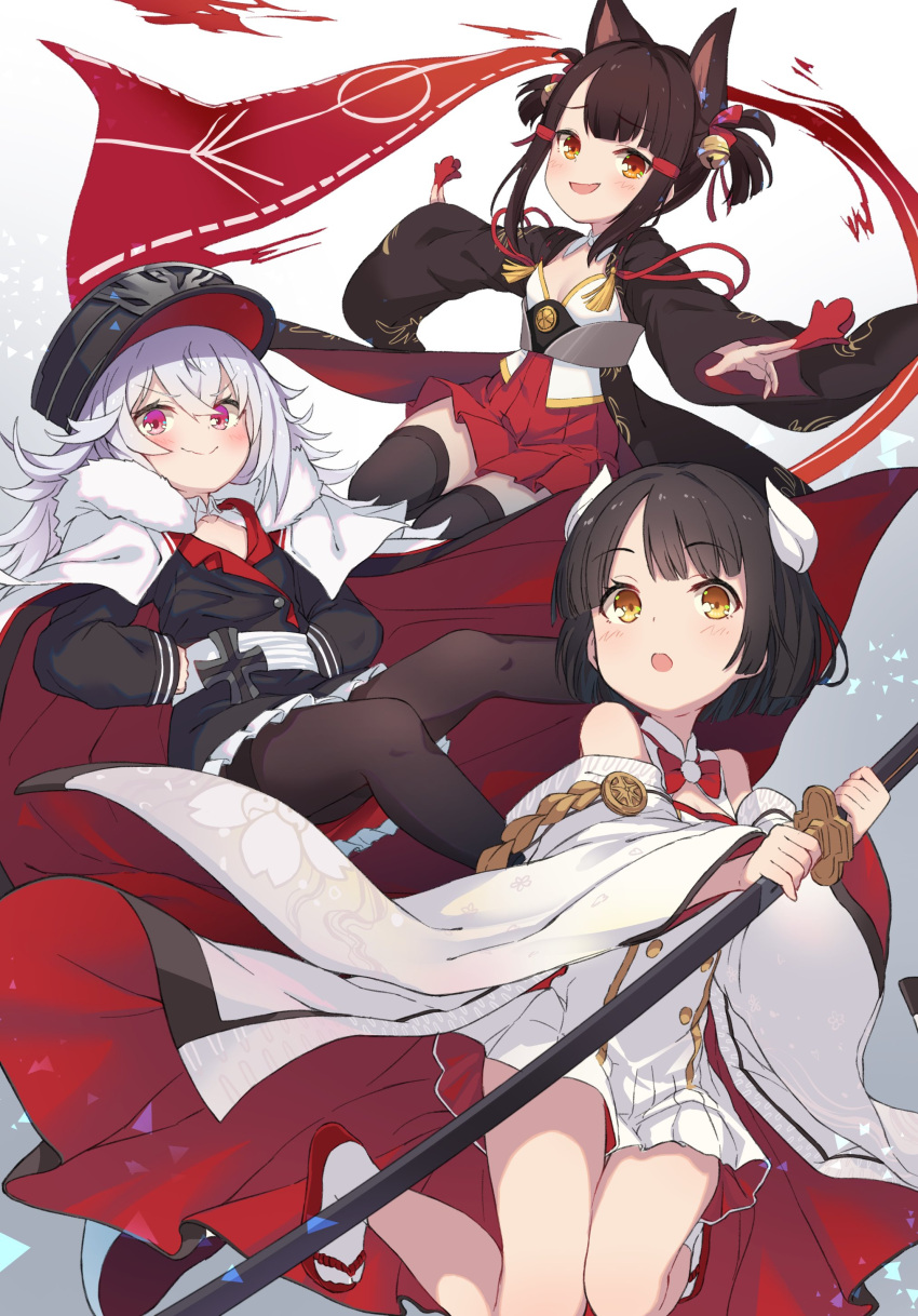 3girls absurdres akagi-chan_(azur_lane) akagi_(azur_lane) animal_ears azur_lane bare_shoulders bell black_hair black_legwear blush breasts cape closed_mouth commentary detached_sleeves dress english_commentary eyebrows_visible_through_hair flat_chest fox_ears graf_zeppelin_(azur_lane) grey_hair hair_bell hair_ornament hairclip hands_on_hips hat hiei-chan_(azur_lane) hiei_(azur_lane) highres horns iron_cross japanese_clothes jingle_bell katana long_hair long_sleeves looking_at_viewer multiple_girls neme1228 orange_eyes pantyhose pink_eyes pleated_skirt sandals shikigami short_dress short_hair sidelocks simple_background skirt slippers small_breasts smile smug socks sword tassel thigh-highs v-shaped_eyebrows violet_eyes weapon white_background white_dress white_legwear wide_sleeves yellow_eyes younger zeppelin-chan_(azur_lane) zettai_ryouiki