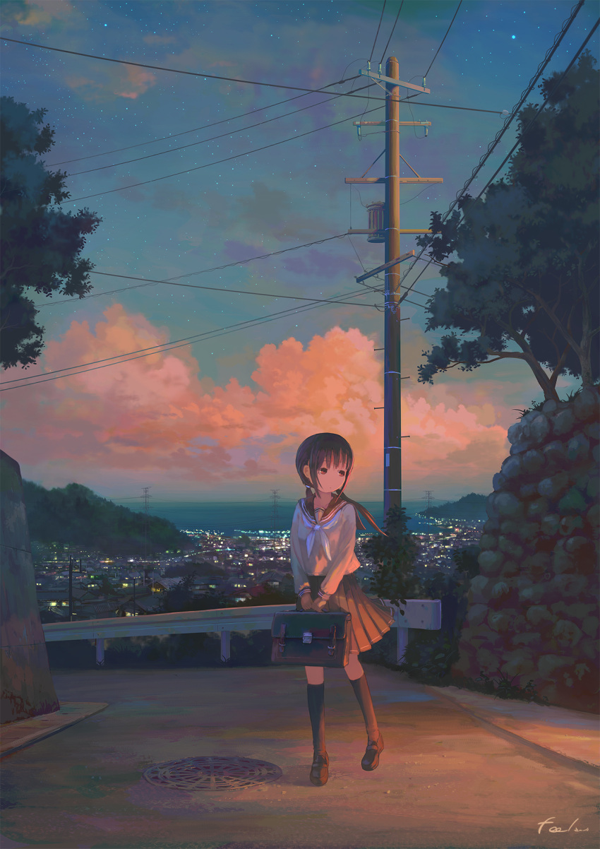 1girl bag black_bag black_footwear black_hair black_legwear black_skirt blue_sky closed_mouth clouds commentary_request dusk feel_(nasitaki) full_body guard_rail highres hill holding holding_bag house kneehighs loafers long_hair long_sleeves looking_away looking_to_the_side low_twintails manhole neckerchief ocean original outdoors pleated_skirt power_lines red_clouds red_eyes road scenery school_bag school_uniform serafuku shoes signature skirt sky solo star_(sky) starry_sky street telephone_pole town tree twintails v_arms walking white_neckwear white_serafuku wide_shot