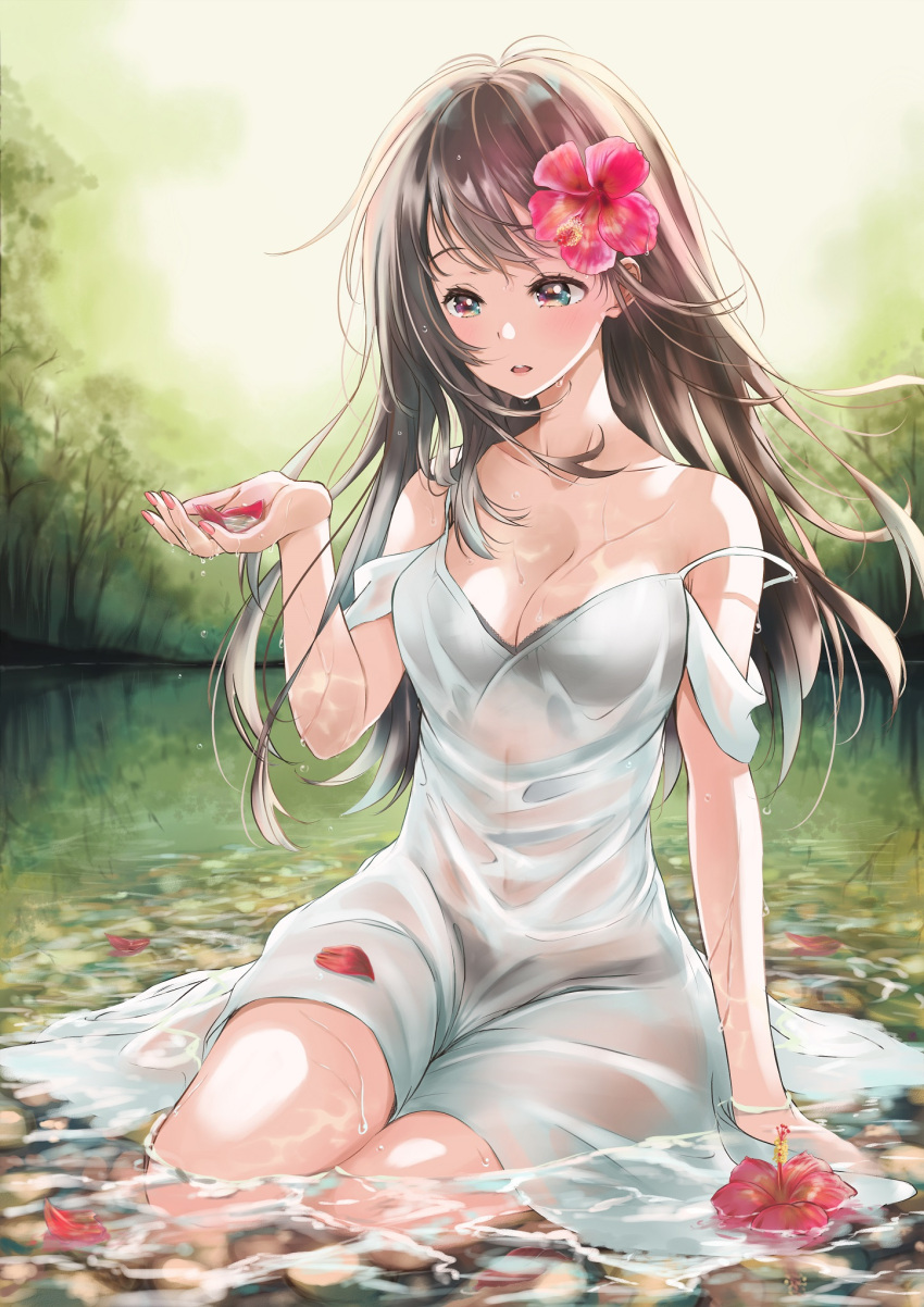 1girl blush breasts brown_hair cleavage collarbone day dress floating_hair flower green_eyes hair_flower hair_ornament hibiscus highres holding_petal lake long_hair medium_breasts nail_polish off_shoulder open_mouth original outdoors petals pink_nails red_flower see-through shiny shiny_hair short_dress sitting sleeveless sleeveless_dress solo timo_wei95 very_long_hair wet wet_clothes wet_dress white_dress