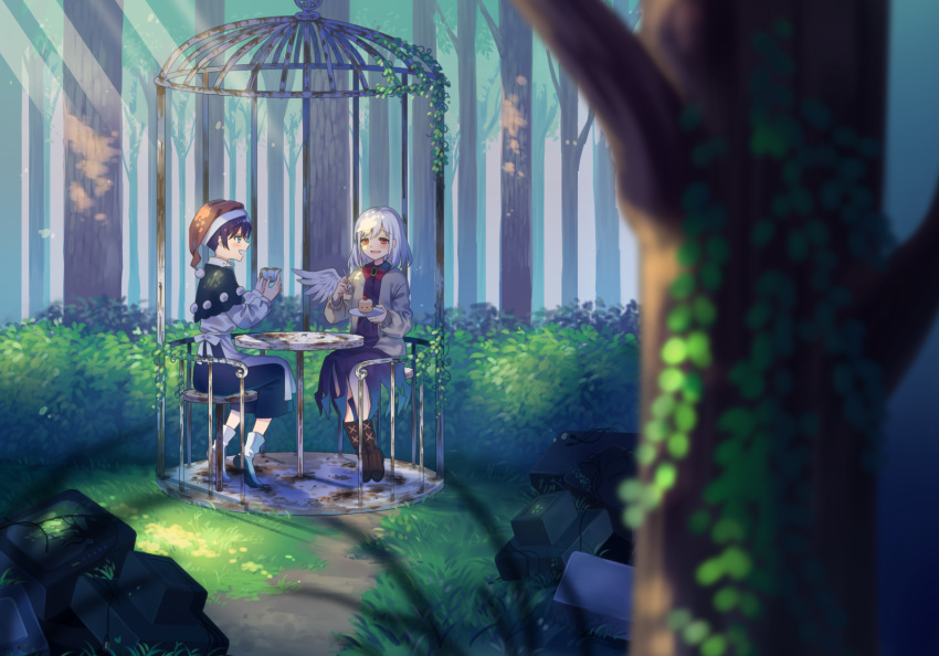 2girls black_capelet blue_eyes blue_hair blurry boots broken brown_footwear cage cake capelet commentary_request cup dappled_sunlight depth_of_field doremy_sweet dress feathered_wings food forest from_side fruit gazebo grass hat highres holding holding_cup holding_plate ivy jacket junk kishin_sagume layered_dress legs_together light_rays looking_at_another multiple_girls nature nightcap open_clothes open_jacket open_mouth outdoors plate pom_pom_(clothes) purple_dress red_eyes red_headwear retota rust short_hair silver_hair single_wing sitting slice_of_cake stool strawberry strawberry_shortcake sunbeam sunlight table teacup television touhou white_footwear white_jacket wings