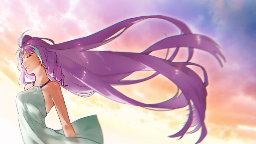 1girl absurdly_long_hair arm_behind_back closed_eyes collarbone day dress floating_hair from_side highlights long_hair macross macross_delta mikumo_guynemer multicolored_hair outdoors pote-mm purple_hair shiny shiny_hair shiny_skin short_dress sleeveless sleeveless_dress smile solo standing sundress two-tone_hair very_long_hair white_dress