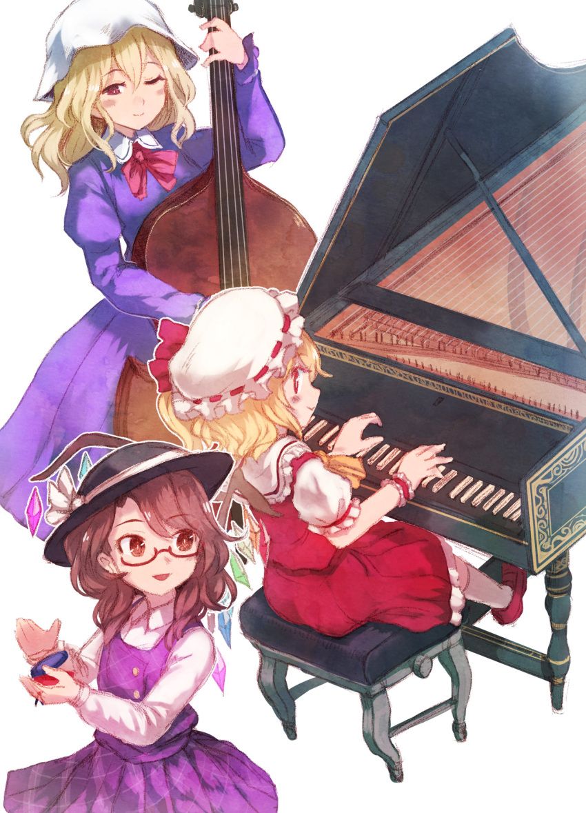 3girls ascot blonde_hair blush bow brown_eyes brown_hair castanets cello commentary_request crystal dress eyebrows_visible_through_hair fedora flandre_scarlet frilled_shirt frilled_skirt frills glasses hat hat_bow hat_ribbon highres instrument maribel_hearn medium_hair mob_cap multiple_girls music one_eye_closed piano piano_bench playing_instrument playing_piano puffy_short_sleeves puffy_sleeves purple_dress red_bow red_eyes red_ribbon red_skirt red_vest ribbon shirt short_hair short_sleeves side_ponytail sitting skirt smile terrajin touhou usami_renko vest white_bow wings wrist_cuffs