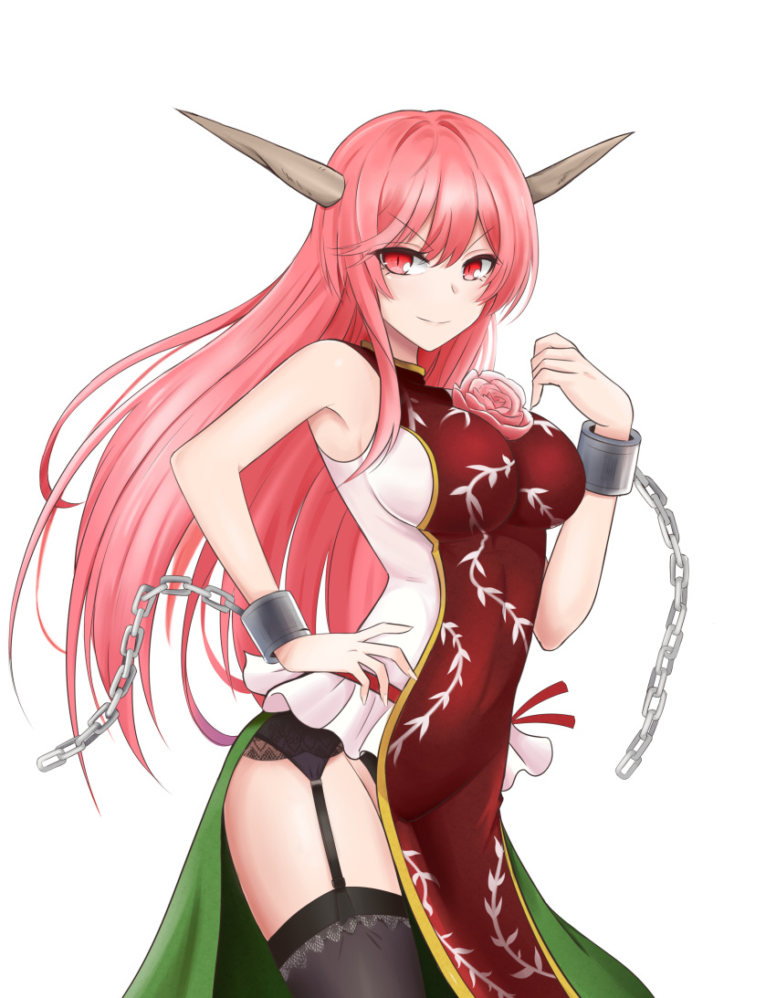 absurdres black_legwear breasts chains commentary_request cuffs fingernails flower garter_straps highres ibaraki_kasen large_breasts long_hair looking_at_viewer oni oni_horns pink_eyes pink_flower pink_hair pink_rose rose shackles sharp_fingernails side_slit sleeveless slit_pupils smile spoilers tabard thigh-highs touhou zeukiar