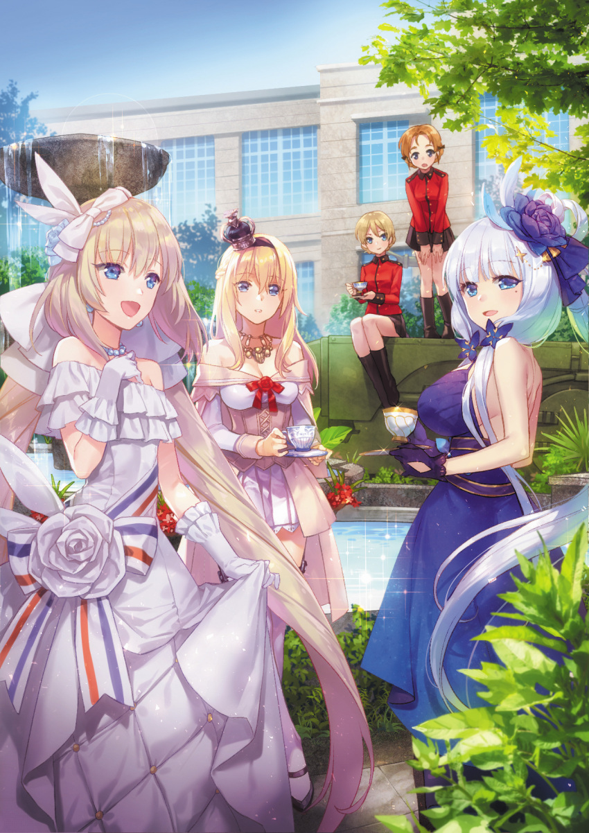5girls azur_lane bangs bare_shoulders bead_necklace beads black_footwear black_legwear black_neckwear black_skirt blonde_hair blue_dress blue_eyes blue_flower blue_rose blush boots bow braid breasts chair cleavage closed_mouth corset crossover crown cup darjeeling demmy dress dress_shirt earrings emblem eyebrows_visible_through_hair fate/grand_order fate_(series) flower french_braid frilled_dress frilled_gloves frills garter_straps girls_und_panzer gloves hair_between_eyes hair_bow hair_flower hair_ornament hairband hands_up high_heels highres illustrious_(azur_lane) illustrious_(never-ending_tea_party)_(azur_lane) jacket jewelry kantai_collection kneehighs lace lace-trimmed_legwear large_breasts light_particles long_dress long_hair long_sleeves looking_at_viewer marie_antoinette_(fate/grand_order) military military_uniform mini_crown miniskirt mole mole_under_eye multiple_crossover multiple_girls necklace off-shoulder_dress off_shoulder orange_hair orange_pekoe parted_bangs parted_lips pleated_skirt red_flower red_jacket red_ribbon red_rose ribbon rose school_uniform shirt shoes short_hair sidelocks silver_hair sitting skirt smile st._gloriana's_military_uniform tareme tea tea_party teacup teapot thigh-highs tied_hair twin_braids twintails uniform v-neck warspite_(kantai_collection) white_bow white_dress white_flower white_gloves white_hair white_legwear white_rose