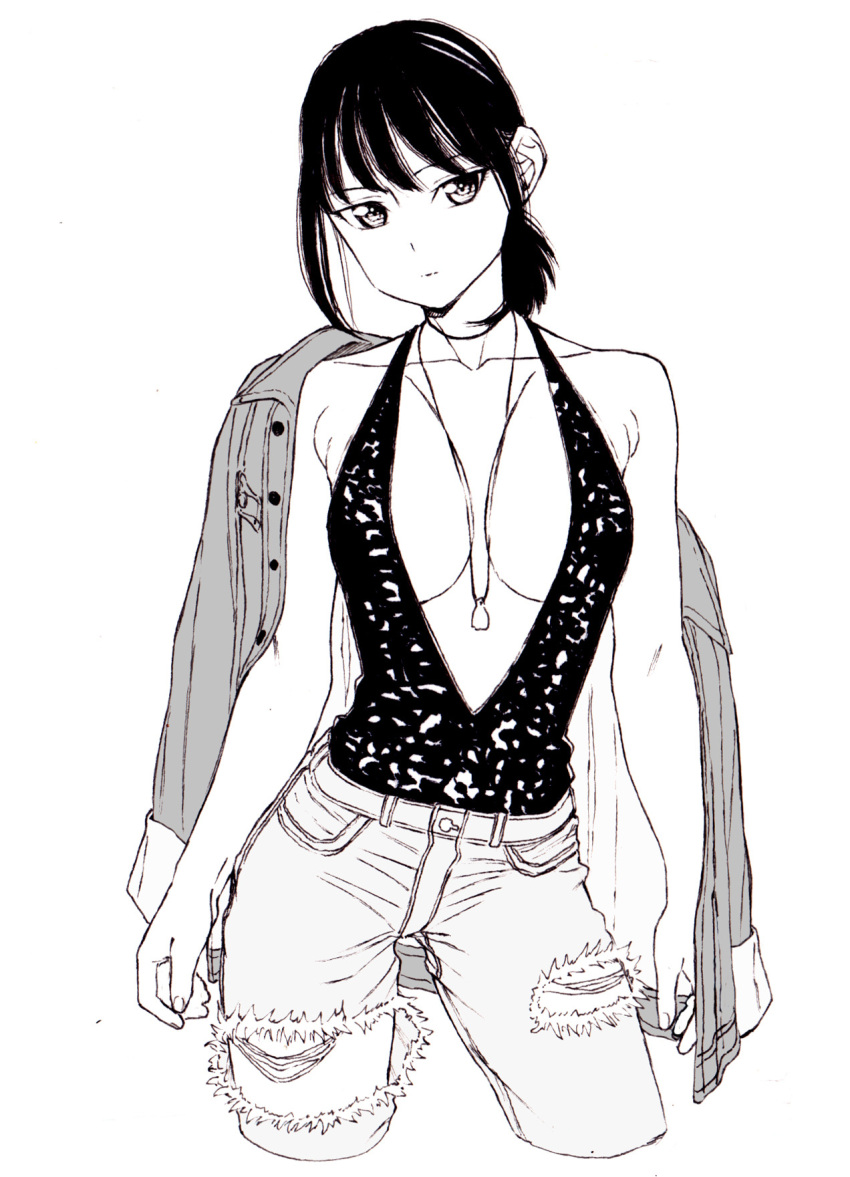 1girl bangs black_hair breasts breasts_apart contrapposto cowboy_shot cropped_legs dende_(dndn222) expressionless greyscale highres jacket_on_shoulders jewelry large_breasts monochrome necklace original pants simple_background solo torn_clothes torn_pants white_background