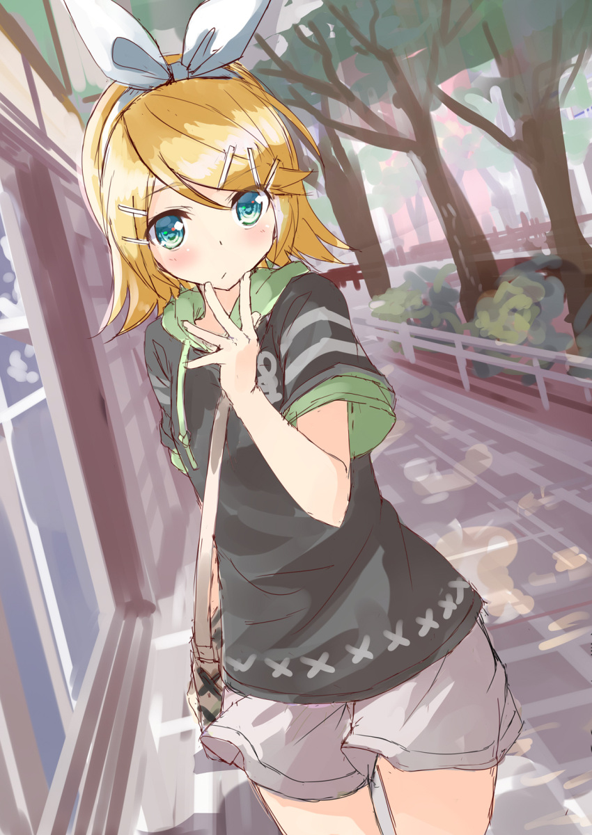 1girl :/ bag blonde_hair blue_eyes blurry blush bow casual daidou_(demitasse) depth_of_field dutch_angle hair_bow hair_ornament hairclip hand_on_own_chin hand_up handbag highres hood hoodie kagamine_rin looking_at_viewer railing road short_hair short_sleeves shorts sketch solo street tree vocaloid