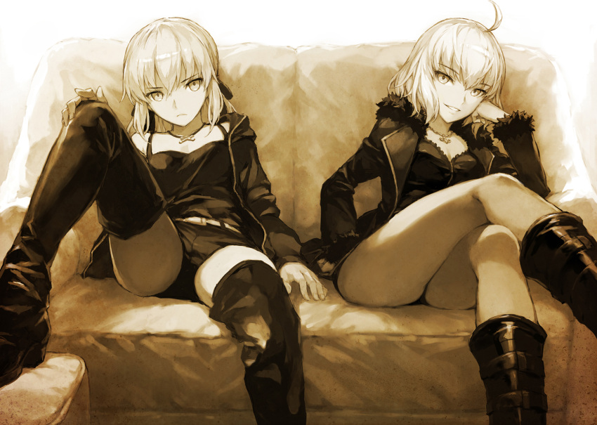 &gt;:( 2girls ahoge arm_at_side artoria_pendragon_(all) bangs belt boots breasts camisole cleavage closed_mouth collarbone couch cross cross_necklace eyebrows_visible_through_hair fate/grand_order fate_(series) fur-trimmed_sleeves fur_trim hair_ribbon hand_in_pocket hand_on_own_cheek hand_on_own_knee jacket jeanne_d'arc_(alter)_(fate) jeanne_d'arc_(fate)_(all) jewelry knee_boots knee_up long_sleeves looking_at_viewer medium_breasts medium_hair monochrome morisawa_haruyuki multiple_girls necklace on_couch open_clothes open_jacket parted_lips reclining ribbon saber_alter sepia serious short_shorts shorts small_breasts thigh-highs thigh_boots
