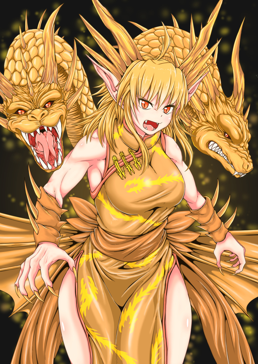 1girl absurdres arm_blade breasts china_dress chinese_clothes claws commentary dragon dragon_girl dragon_horns dragon_wings dress eyebrows_visible_through_hair fangs fingernails ghidorah_(godzilla:_the_planet_eater) godzilla:_the_planet_eater godzilla_(series) highres horns kaijuu king_ghidorah large_breasts long_fingernails long_hair monster multiple_heads muscle mynameissuusan open_hand open_mouth orange_eyes personification pointy_ears scales sharp_teeth side_slit slit_pupils teeth tongue translation_request weapon wings