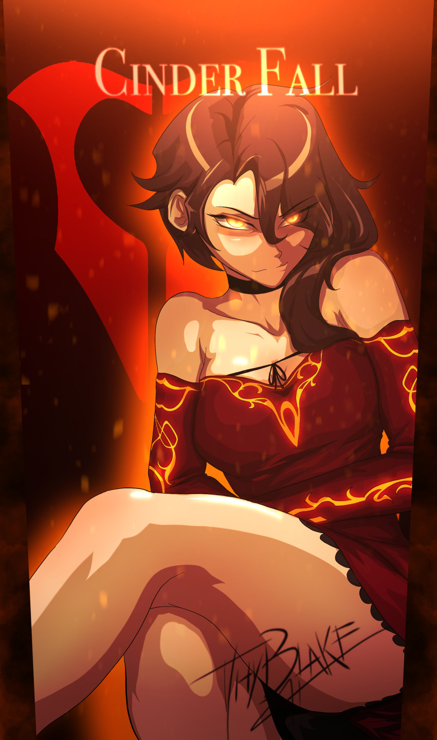 &gt;:) 1girl absurdres artist_name bare_legs bare_shoulders black_choker breasts character_name choker cinder_fall dress eyebrows_visible_through_hair eyes_visible_through_hair glowing glowing_eyes hair_over_one_eye highres legs_crossed long_hair long_sleeves orange_eyes red_dress rwby signature sitting smirk solo thyblake yellow_eyes
