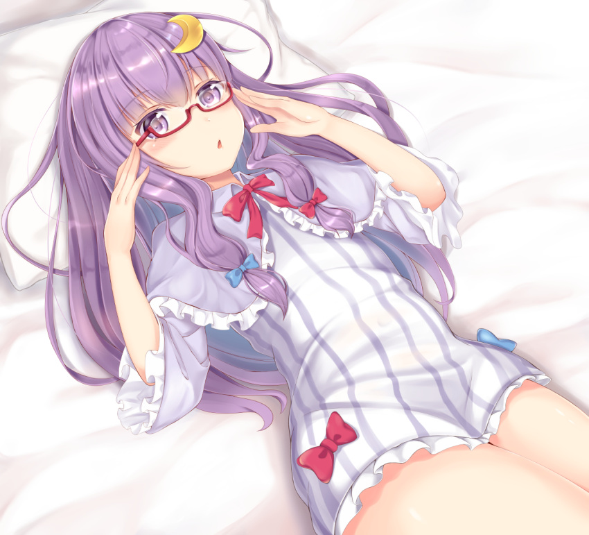 1girl bed bespectacled blue_bow bow bowtie capelet collar commentary_request crescent crescent_hair_ornament dress_bow eyebrows_visible_through_hair glasses hair_bow hair_ornament kokuto_(kurousagi1210) long_hair looking_at_viewer lying no_hat no_headwear on_back patchouli_knowledge pillow purple_hair red-framed_eyewear red_bow red_neckwear solo thighs touhou very_long_hair violet_eyes wide_sleeves