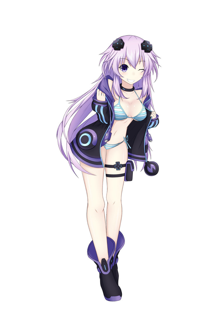 1girl ;d absurdres adult_neptune bare_legs bare_shoulders black_choker blush bra breasts choker commentary d-pad d-pad_hair_ornament full_body grin hair_between_eyes hair_ornament highres holster hood hooded_jacket jacket leaning_forward long_hair medium_breasts navel nepsuka_(hachisuka) neptune_(series) off_shoulder one_eye_closed open_clothes open_jacket open_mouth panties shin_jigen_game_neptune_vii simple_background smile solo striped striped_bra striped_panties thigh_strap underwear undressing usb very_long_hair white_background