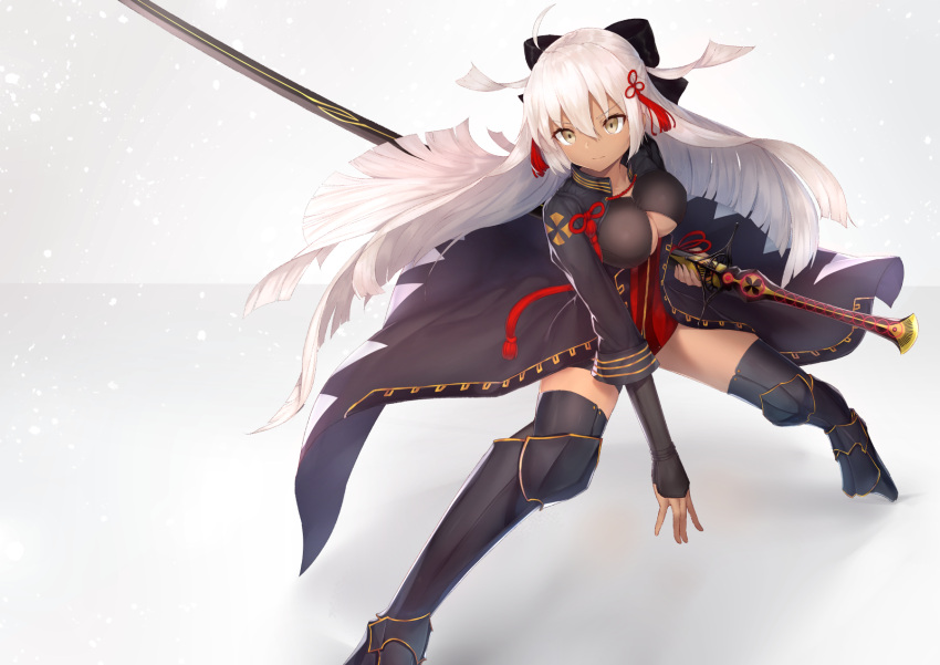 1girl ahoge arm_guards black_bow black_coat boots bow cleavage_cutout dark_skin dress fate/grand_order fate_(series) hair_between_eyes hair_bow high_collar highres holding holding_sword holding_weapon katana long_hair okita_souji_(alter)_(fate) okita_souji_(fate)_(all) red_dress red_scarf reuri_(tjux4555) scabbard scarf sheath sheathed short_dress solo sword tassel thigh-highs thigh_boots tied_hair weapon white_eyes white_hair