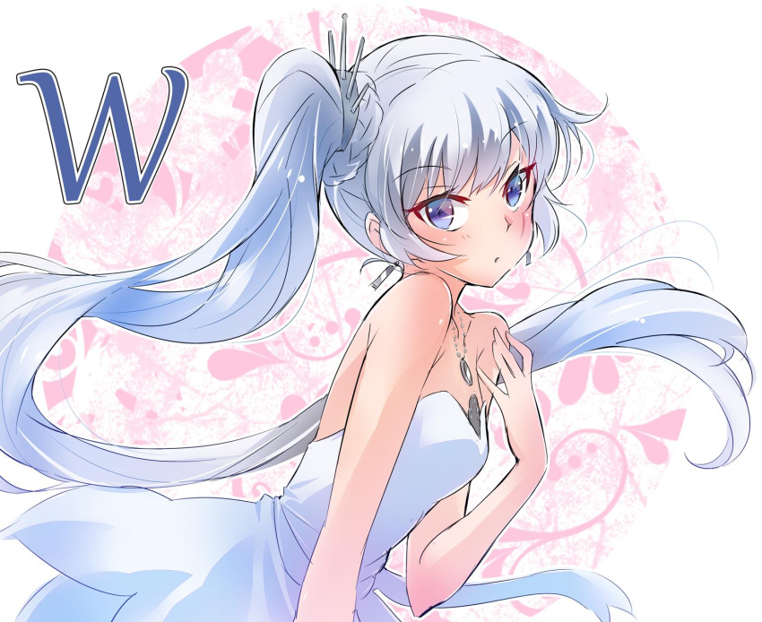 1girl bare_shoulders blue_eyes dress earrings highres iesupa jewelry long_hair necklace pendant ponytail rwby scar scar_across_eye side_ponytail solo strapless strapless_dress tiara weiss_schnee white_dress white_hair