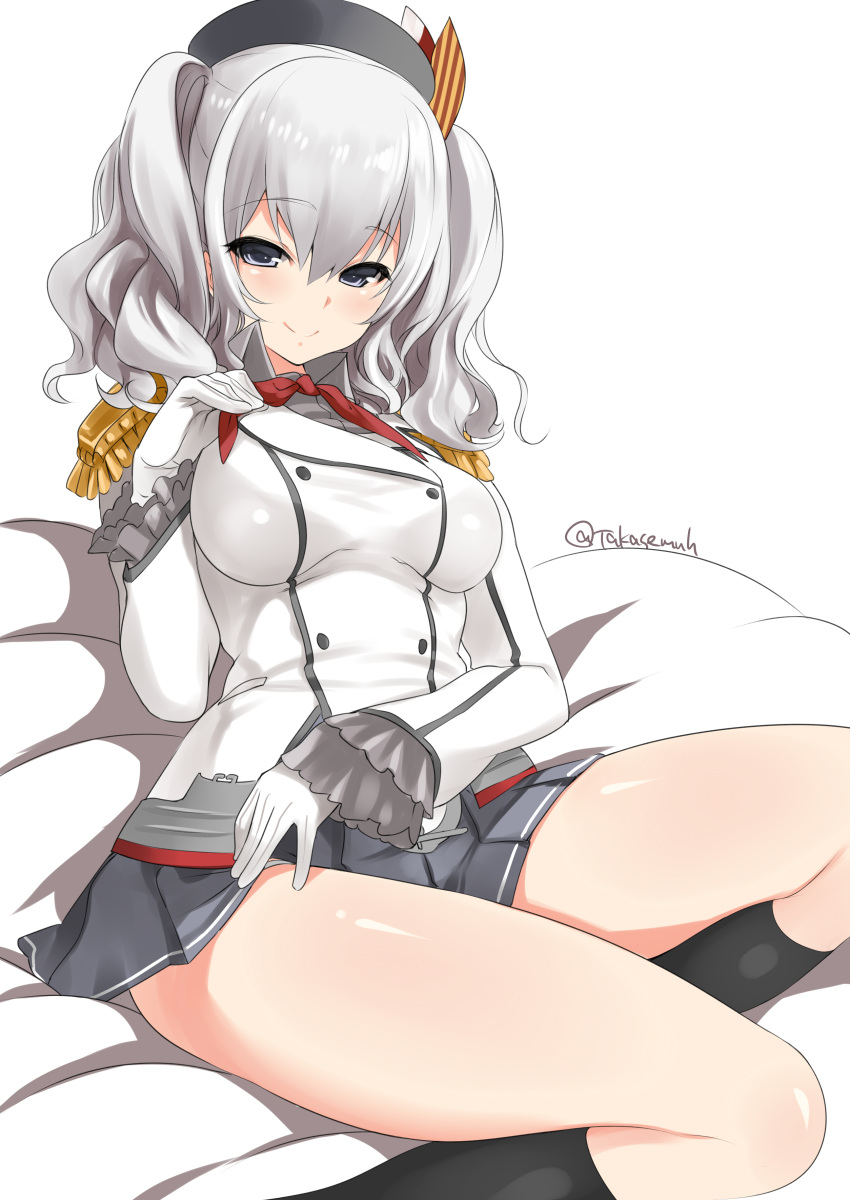 1girl absurdres beret black_headwear black_legwear black_skirt breasts buttons epaulettes feet_out_of_frame gloves grey_eyes grey_shirt hat highres jacket kantai_collection kashima_(kantai_collection) kneehighs large_breasts lifted_by_self long_sleeves looking_at_viewer military_jacket miniskirt neckerchief neckwear_lift pleated_skirt red_neckwear shirt sidelocks silver_hair simple_background sitting skirt skirt_lift smile solo takase_muu twintails twitter_username wavy_hair white_background white_gloves white_jacket
