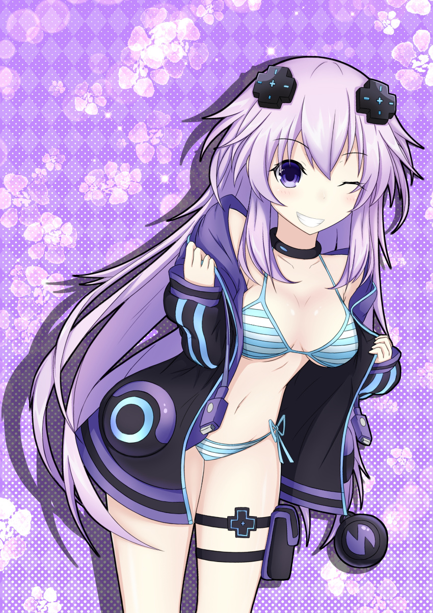 1girl ;d absurdres adult_neptune bare_shoulders black_choker blush bra breasts choker d-pad d-pad_hair_ornament floral_background grin hair_between_eyes hair_ornament highres holster hood hooded_jacket jacket leaning_forward long_hair medium_breasts navel nepsuka_(hachisuka) neptune_(series) off_shoulder one_eye_closed open_clothes open_jacket open_mouth panties purple_background shin_jigen_game_neptune_vii smile solo striped striped_bra striped_panties thigh_strap underwear undressing usb very_long_hair